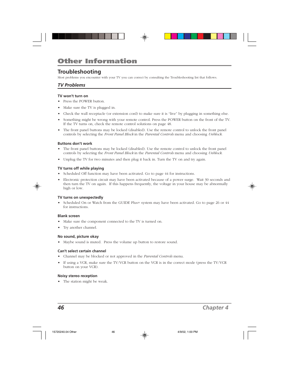 Other information, 46 chapter 4 troubleshooting | RCA F19426 User Manual | Page 48 / 64