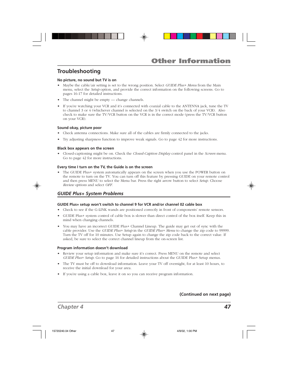 Other information, Chapter 4 47 troubleshooting | RCA F19426 User Manual | Page 49 / 64