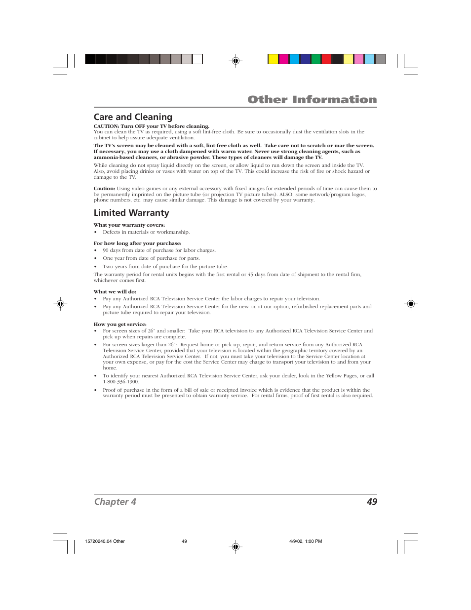 Other information, Chapter 4 49 care and cleaning, Limited warranty | RCA F19426 User Manual | Page 51 / 64