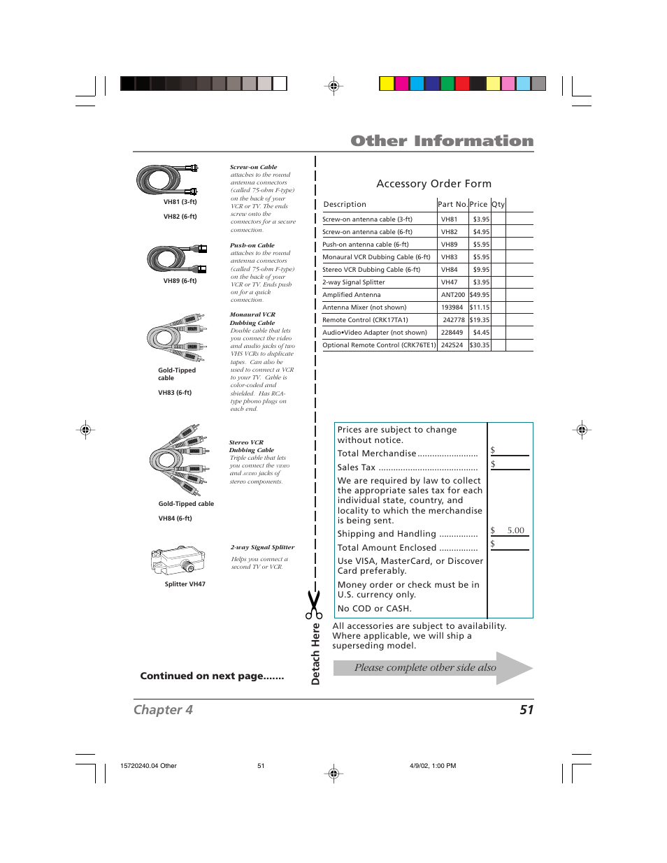 Other information, Chapter 4 51, Detach her e | Please complete other side also, Accessory order form | RCA F19426 User Manual | Page 53 / 64