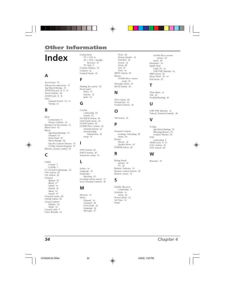 Index, Other information, 54 chapter 4 | RCA F19426 User Manual | Page 56 / 64