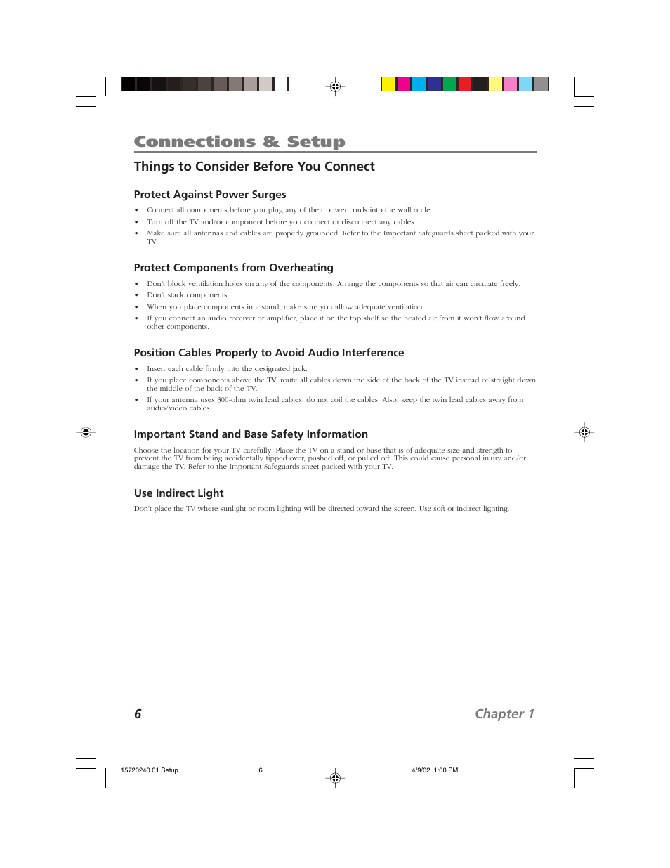 Connections & setup, 6chapter 1 things to consider before you connect | RCA F19426 User Manual | Page 8 / 64