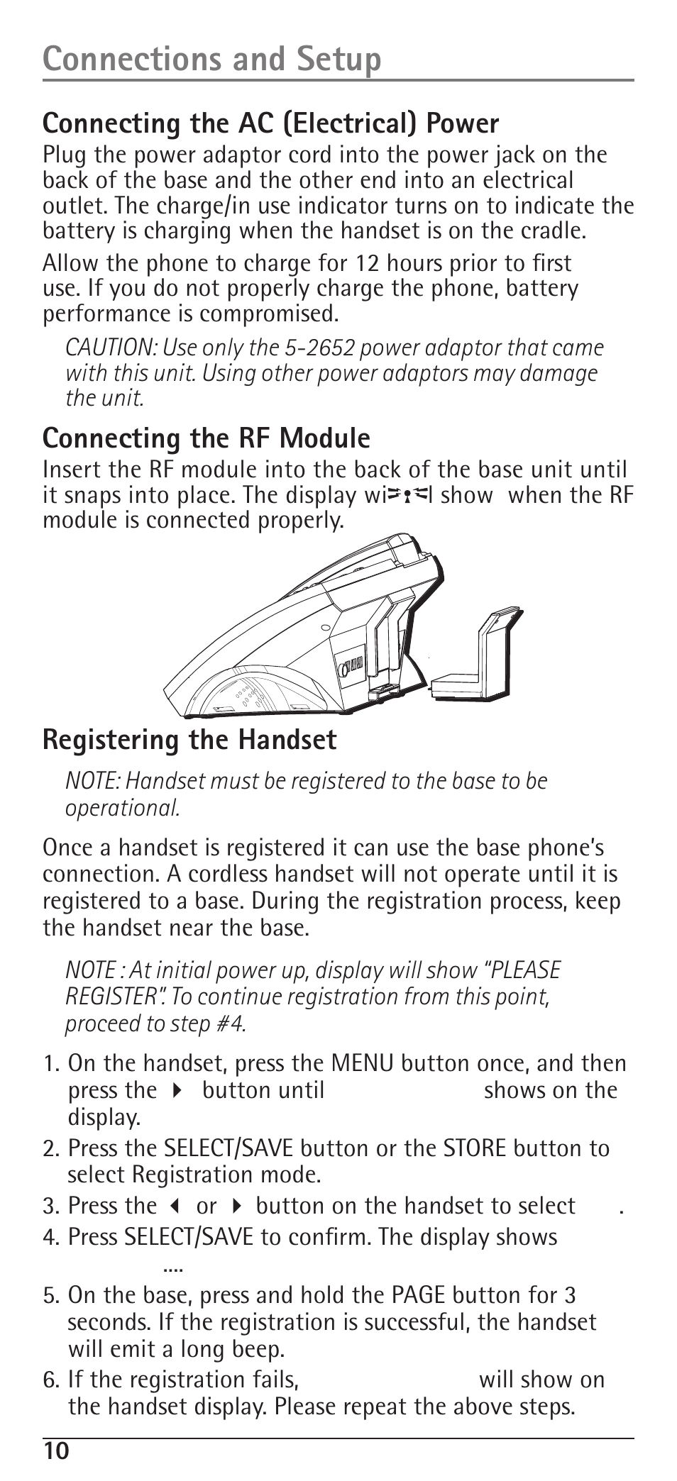 Connections and setup, Connecting the ac (electrical) power, Connecting the rf module | Registering the handset | RCA H5400 User Manual | Page 10 / 64