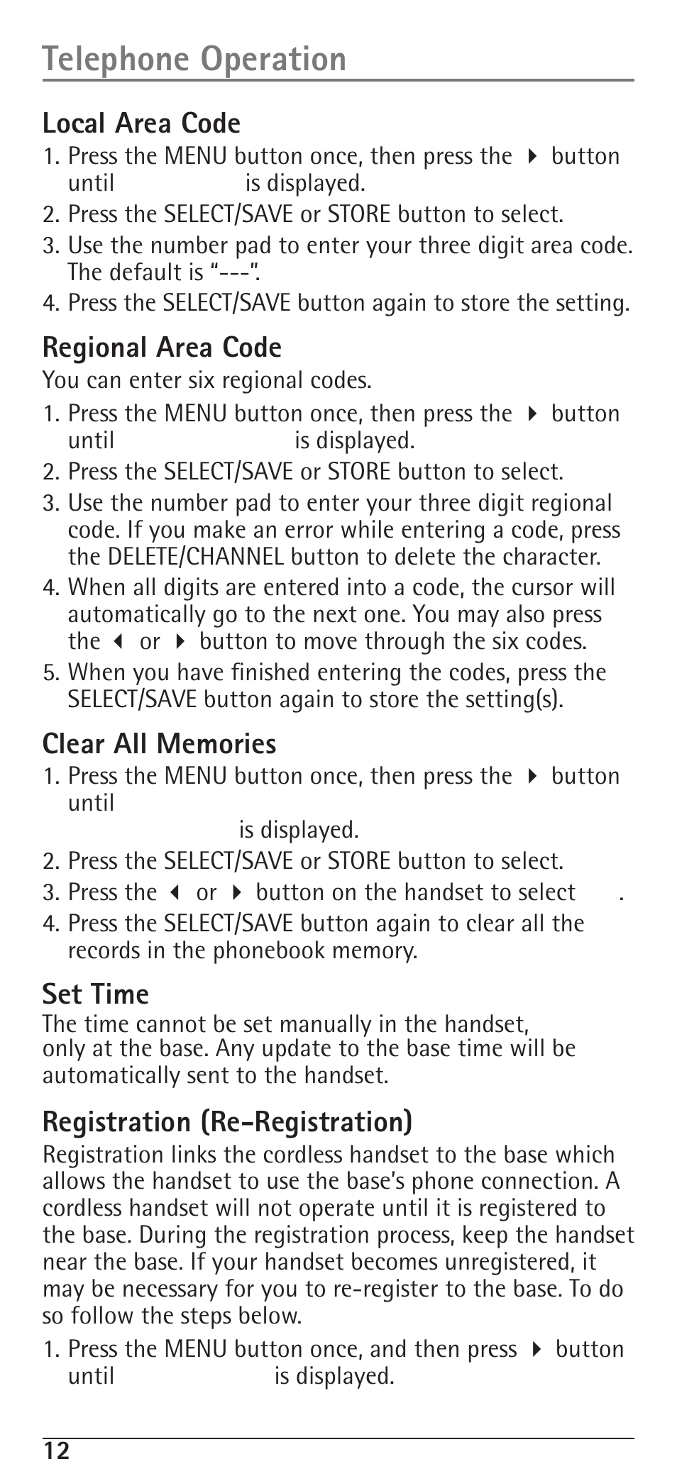 Telephone operation, Local area code, Regional area code | Set time, Registration (re-registration) | RCA H5400 User Manual | Page 12 / 64
