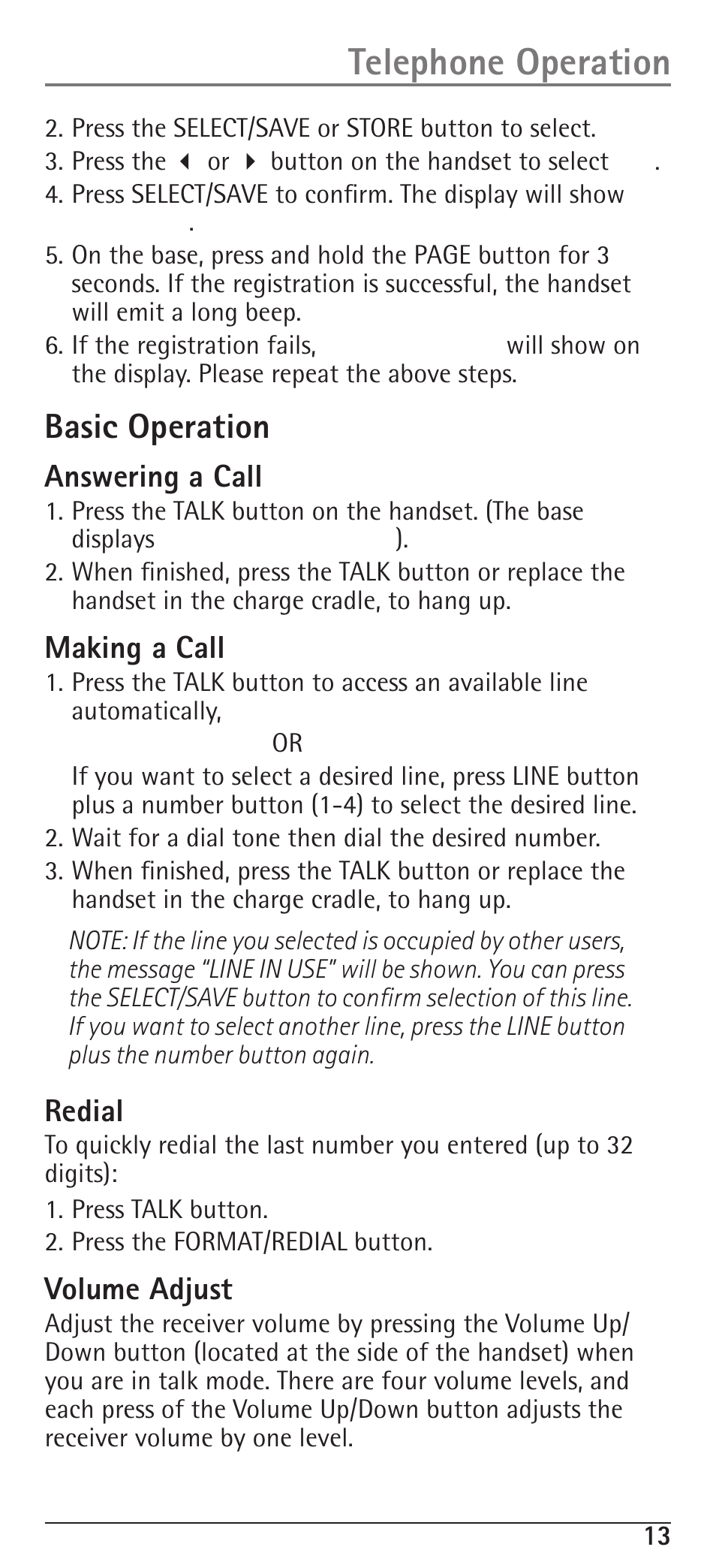 Telephone operation, Basic operation, Answering a call | Making a call, Redial, Volume adjust | RCA H5400 User Manual | Page 13 / 64