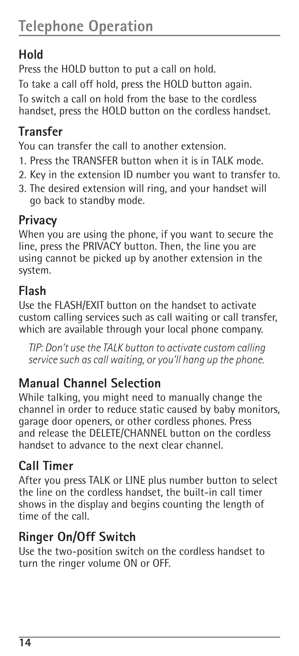 Telephone operation, Hold, Transfer | Privacy, Flash, Manual channel selection, Call timer, Ringer on/off switch | RCA H5400 User Manual | Page 14 / 64