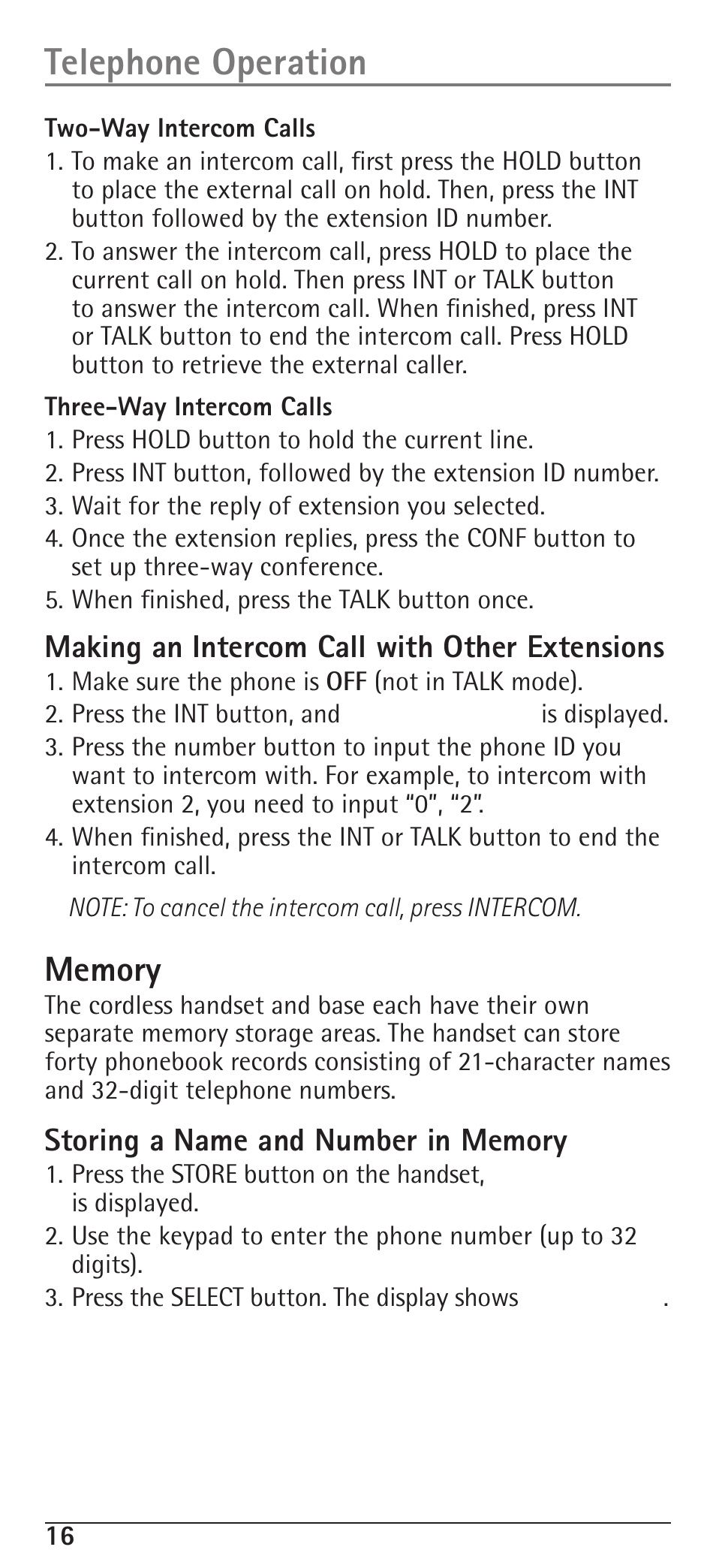 Telephone operation, Making an intercom call with other extensions | RCA H5400 User Manual | Page 16 / 64