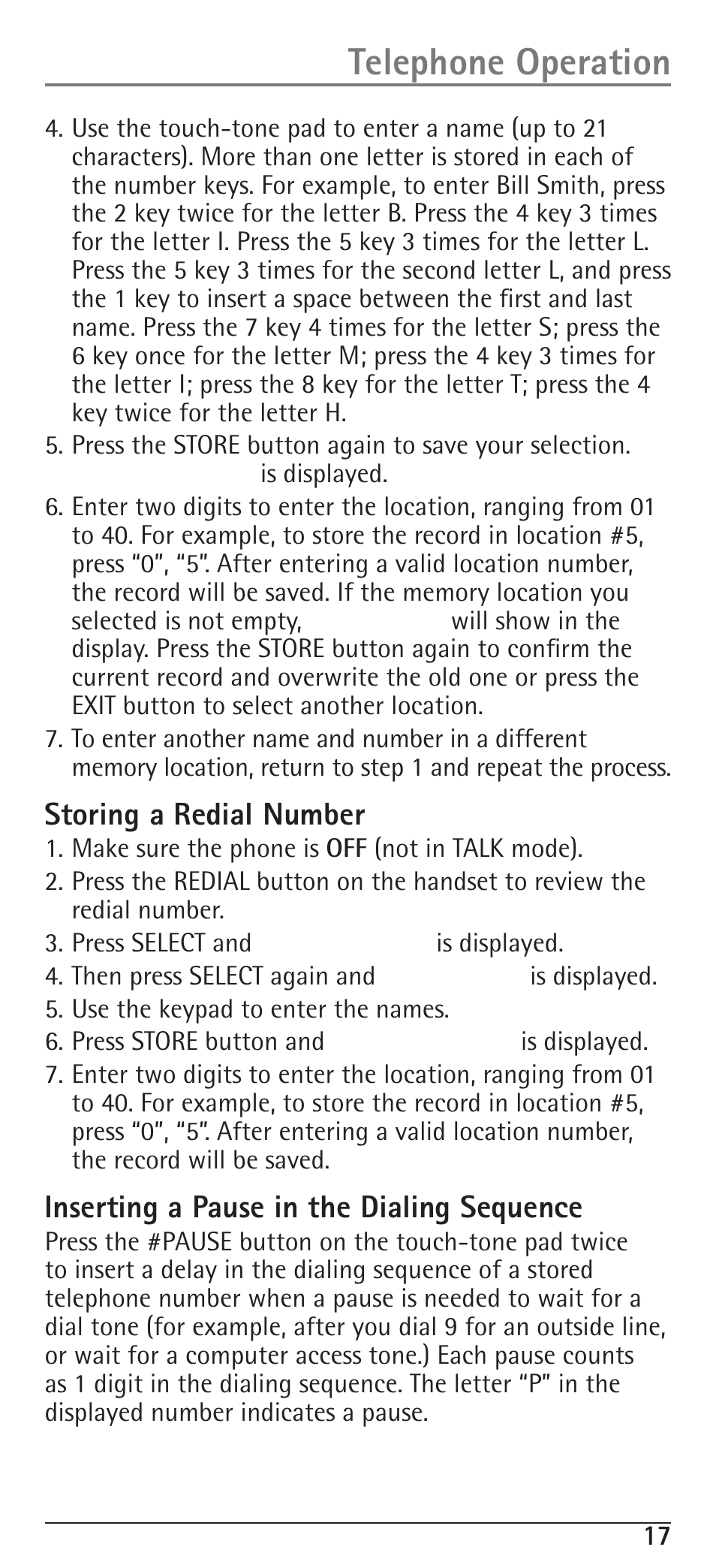 Telephone operation, Storing a redial number, Inserting a pause in the dialing sequence | RCA H5400 User Manual | Page 17 / 64