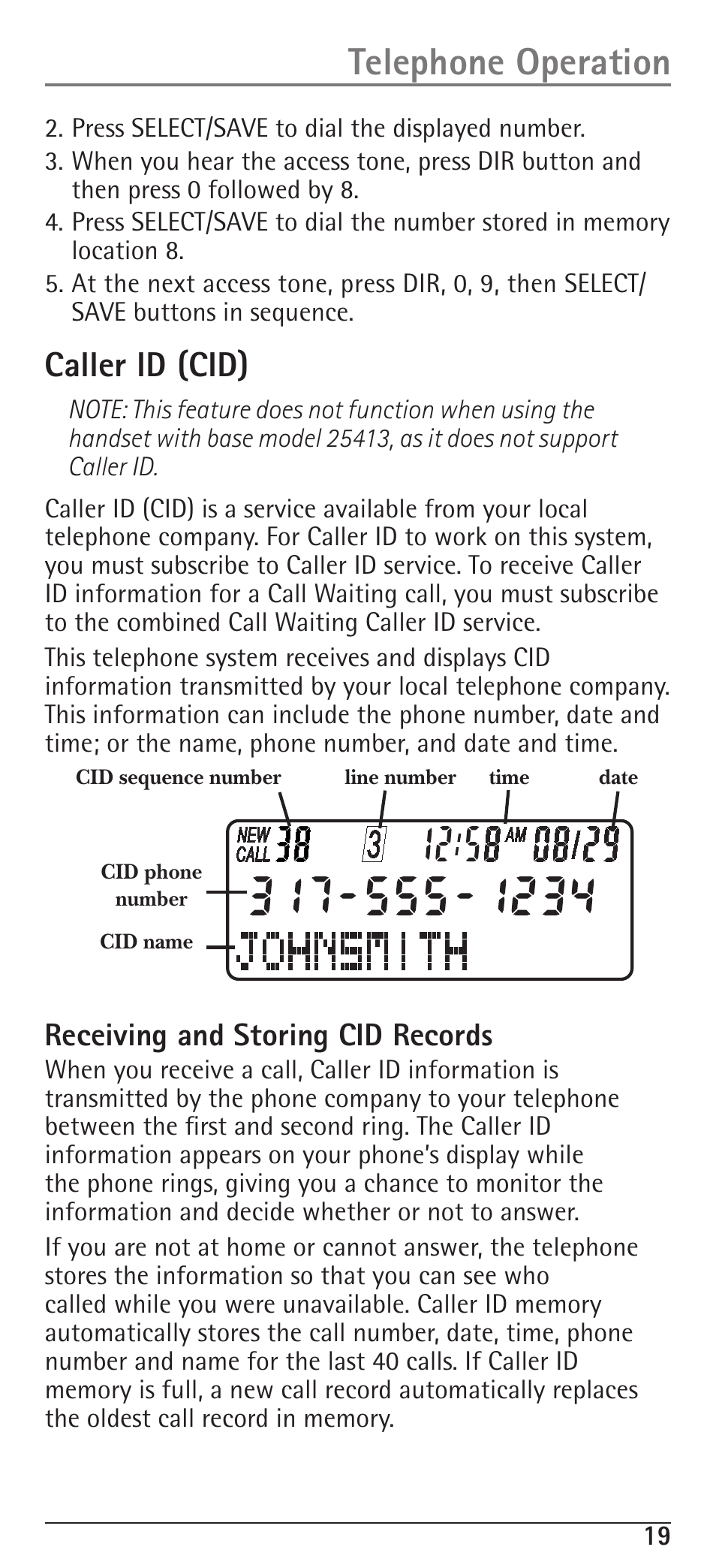 Telephone operation, Caller id (cid), Receiving and storing cid records | RCA H5400 User Manual | Page 19 / 64