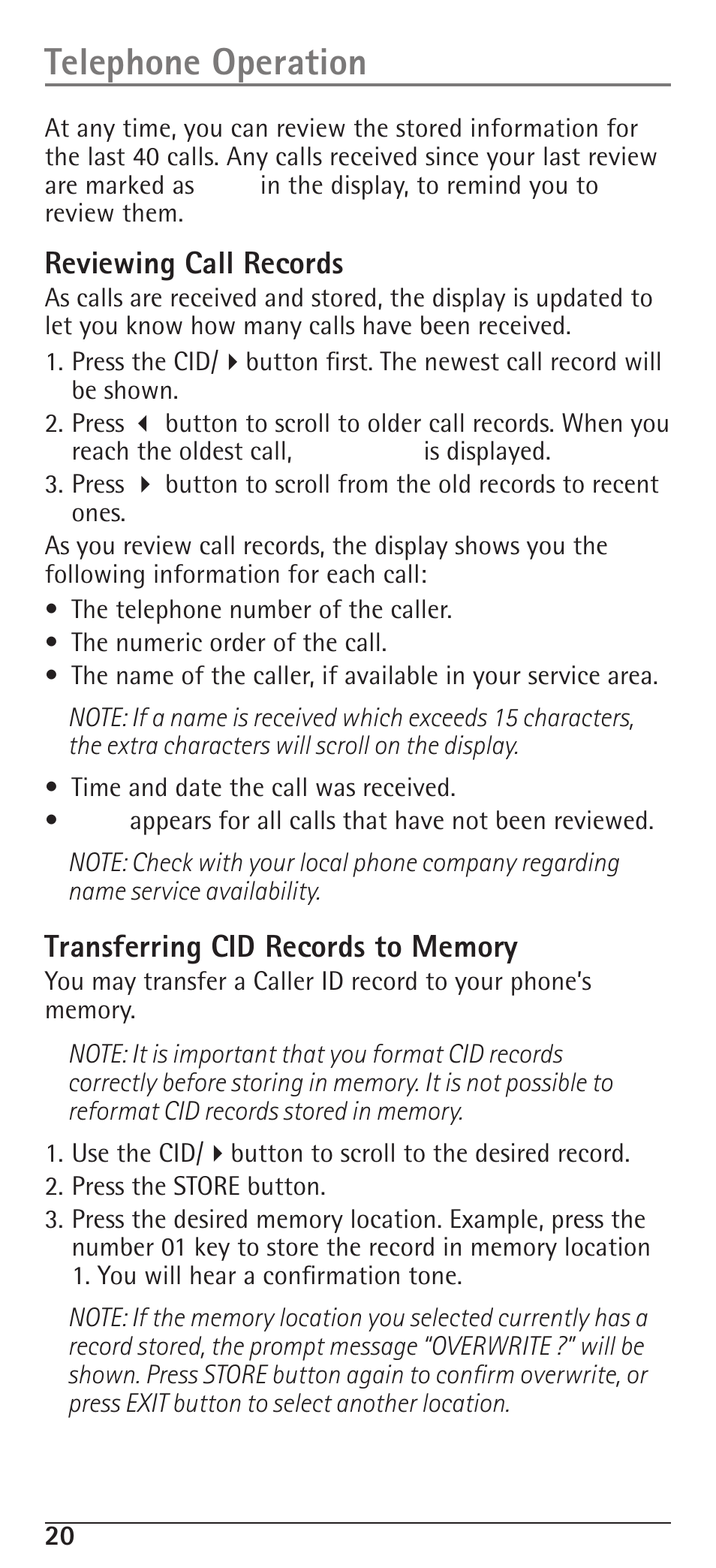 Telephone operation, Reviewing call records | RCA H5400 User Manual | Page 20 / 64