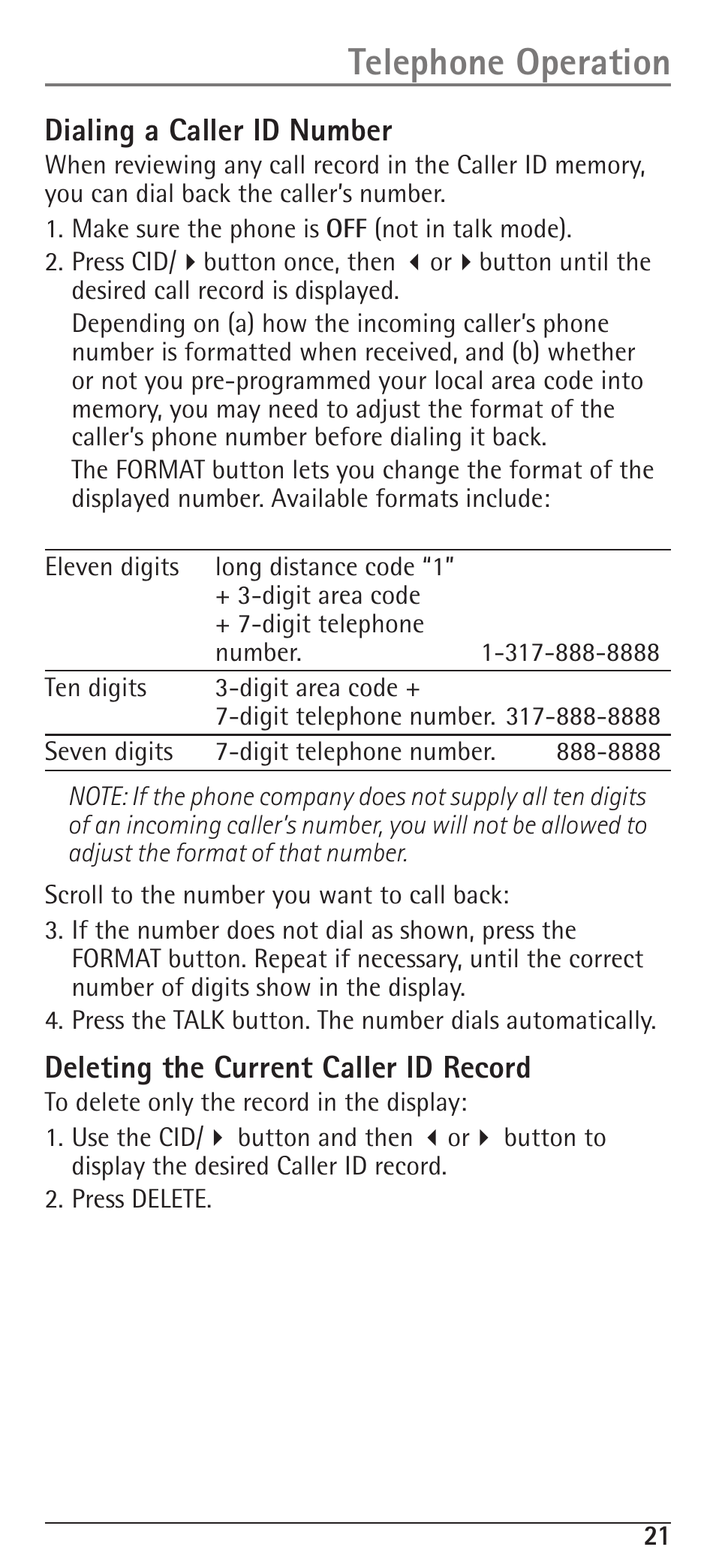 Telephone operation, Dialing a caller id number, Deleting the current caller id record | RCA H5400 User Manual | Page 21 / 64