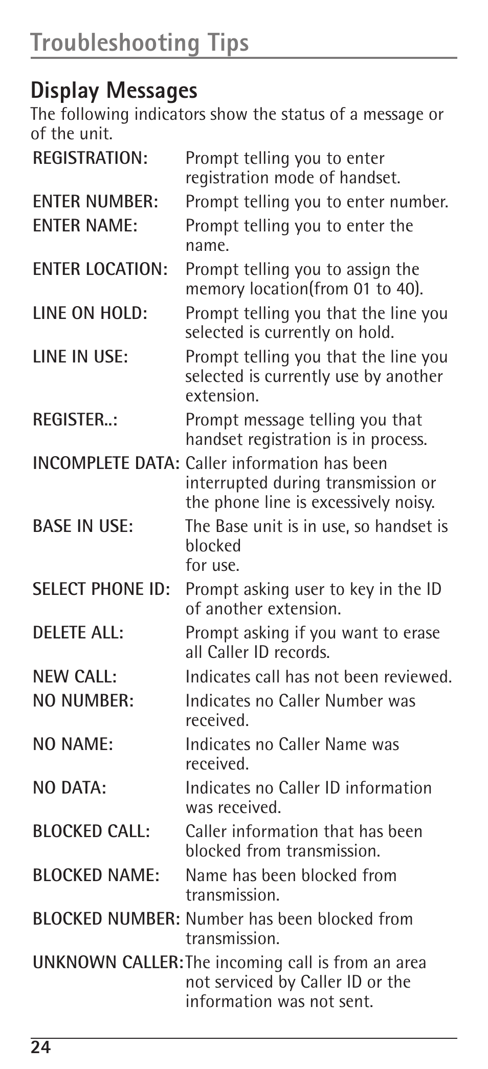 Troubleshooting tips, Display messages | RCA H5400 User Manual | Page 24 / 64