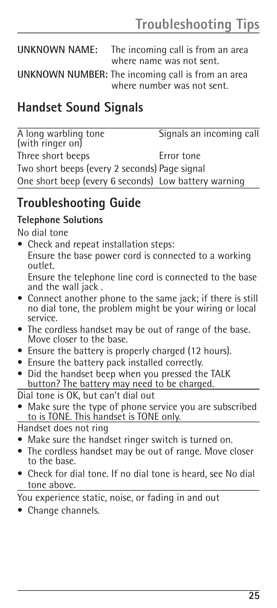 Troubleshooting tips, Handset sound signals, Troubleshooting guide | RCA H5400 User Manual | Page 25 / 64