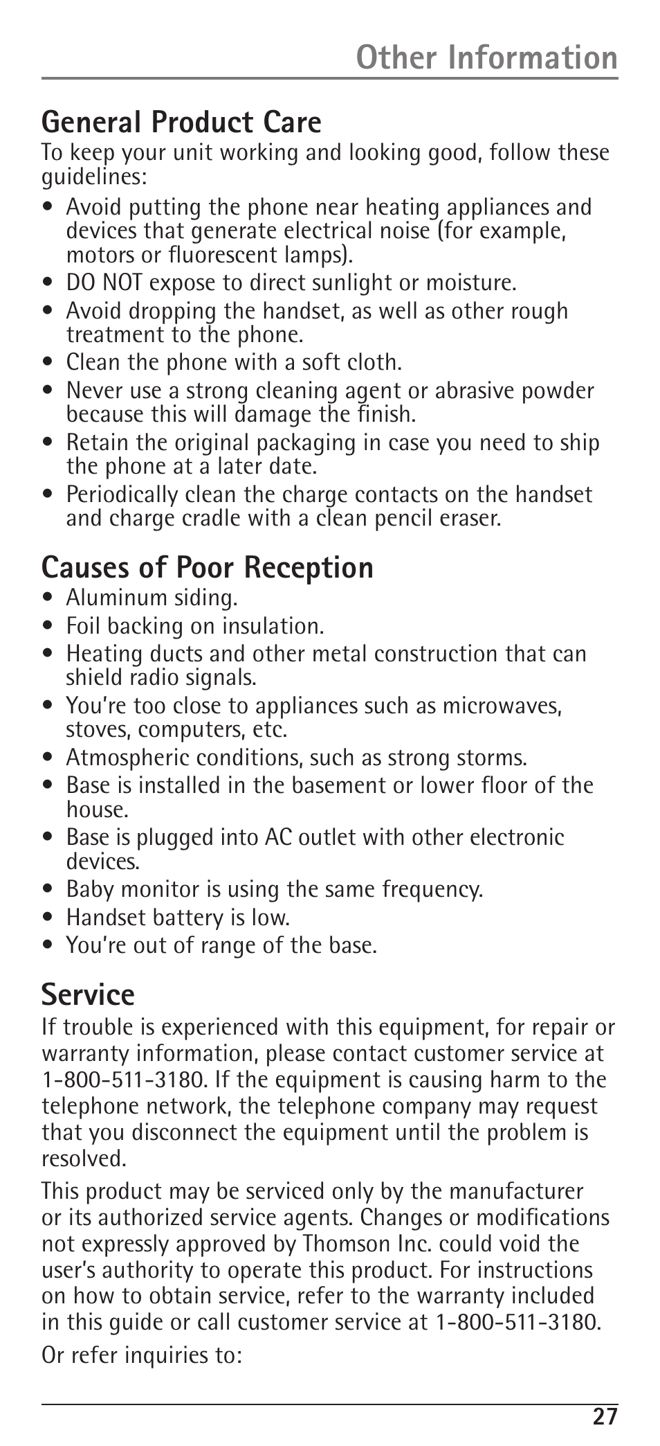 Other information, General product care, Causes of poor reception | Service | RCA H5400 User Manual | Page 27 / 64