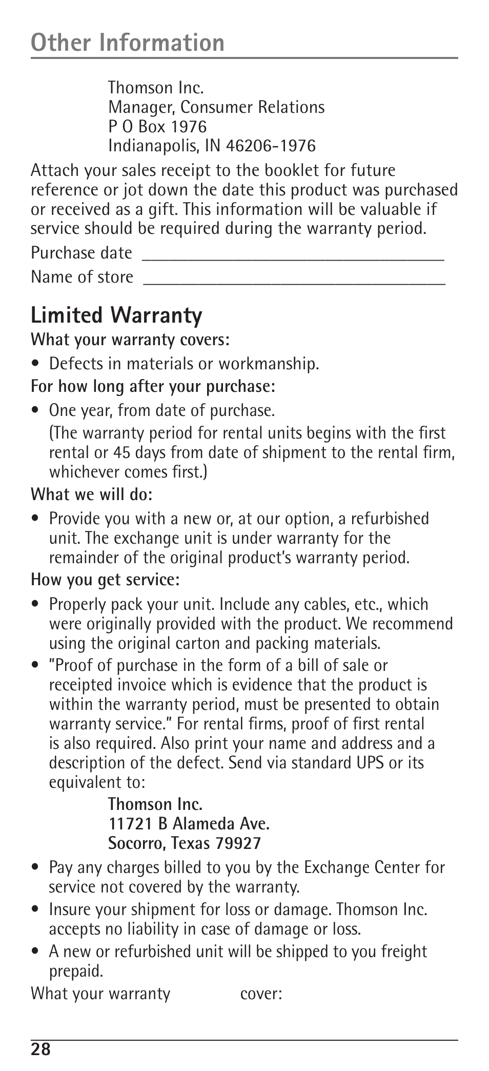 Other information, Limited warranty | RCA H5400 User Manual | Page 28 / 64