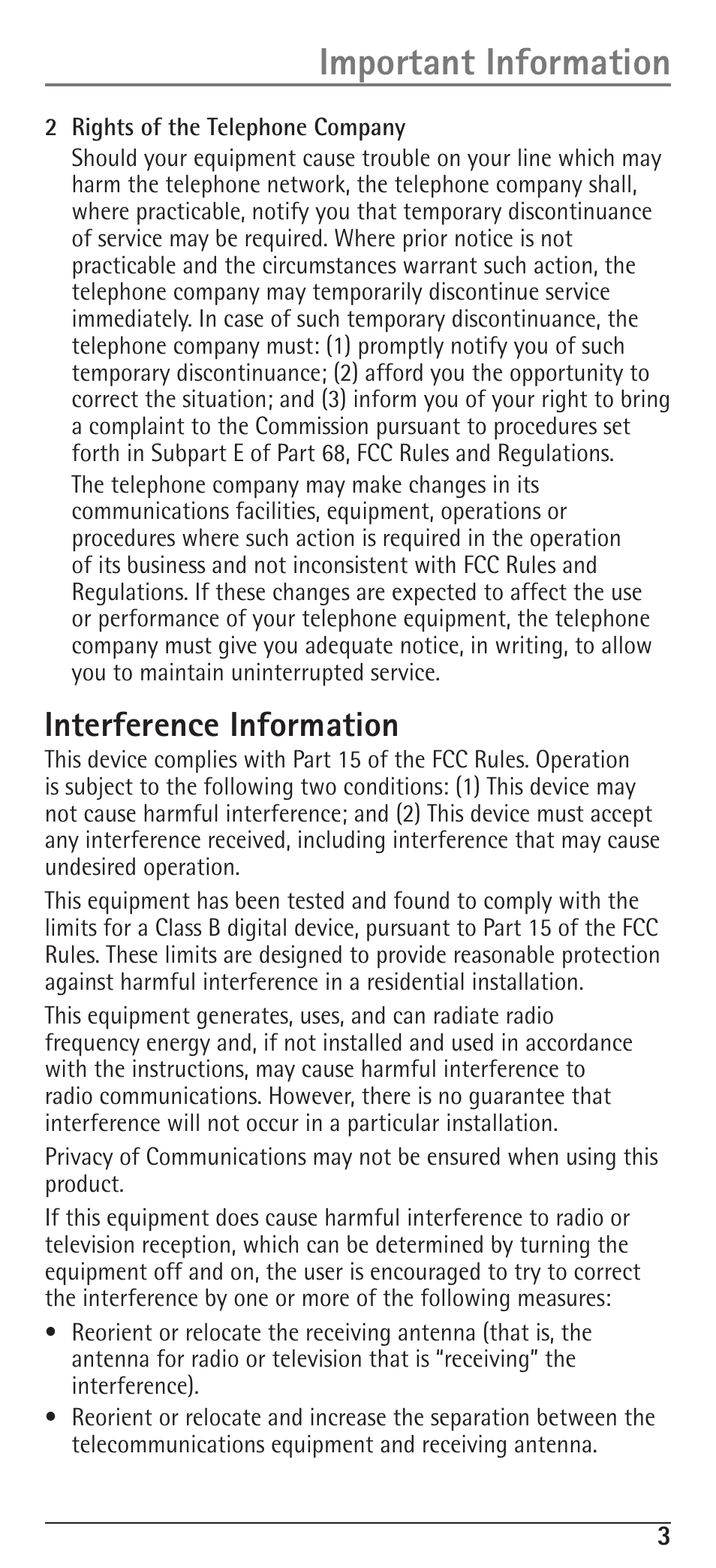 Important information, Interference information | RCA H5400 User Manual | Page 3 / 64