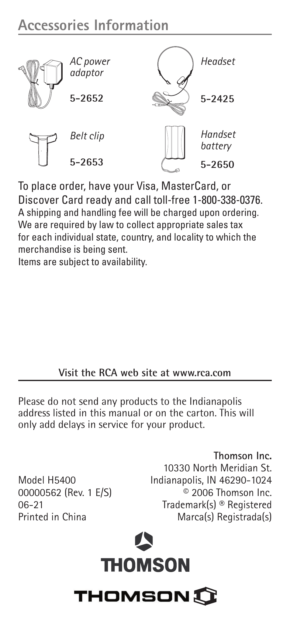 Accessories information | RCA H5400 User Manual | Page 32 / 64