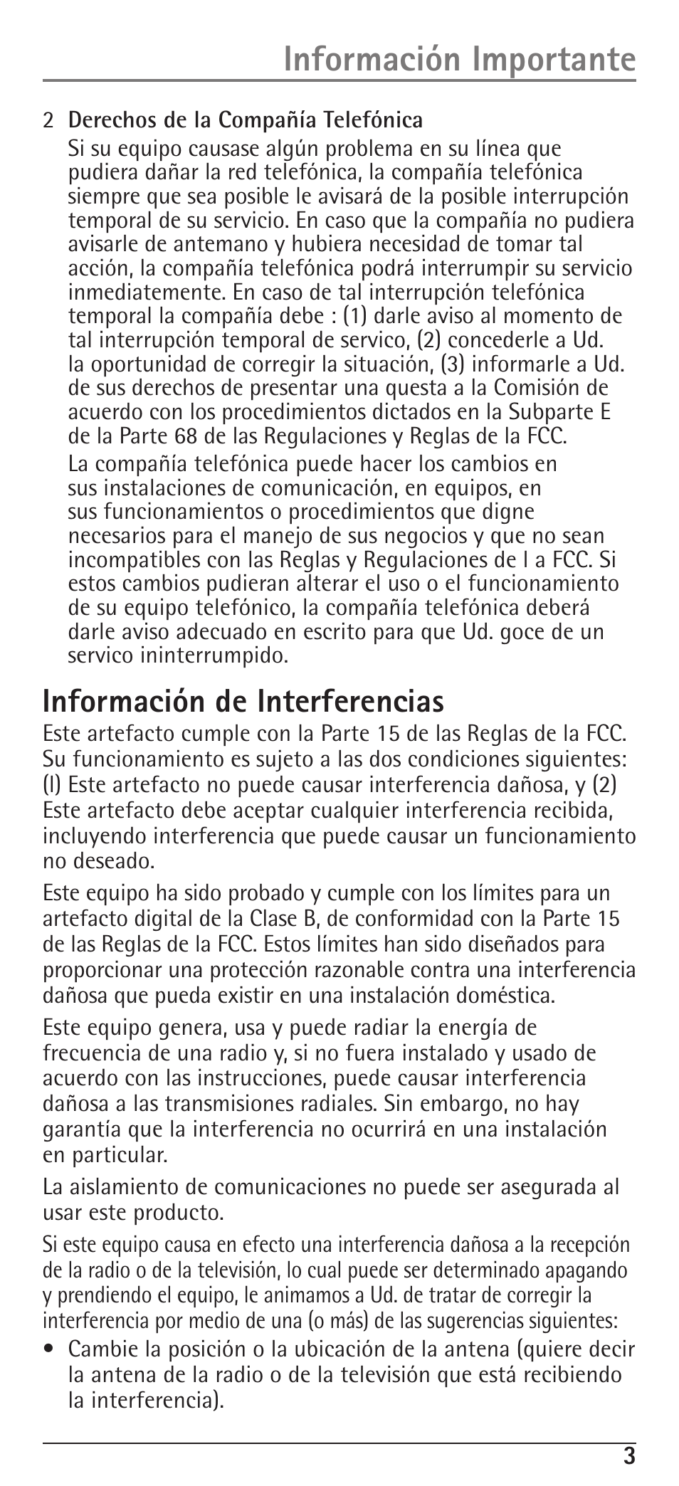 Información importante, Información de interferencias | RCA H5400 User Manual | Page 35 / 64