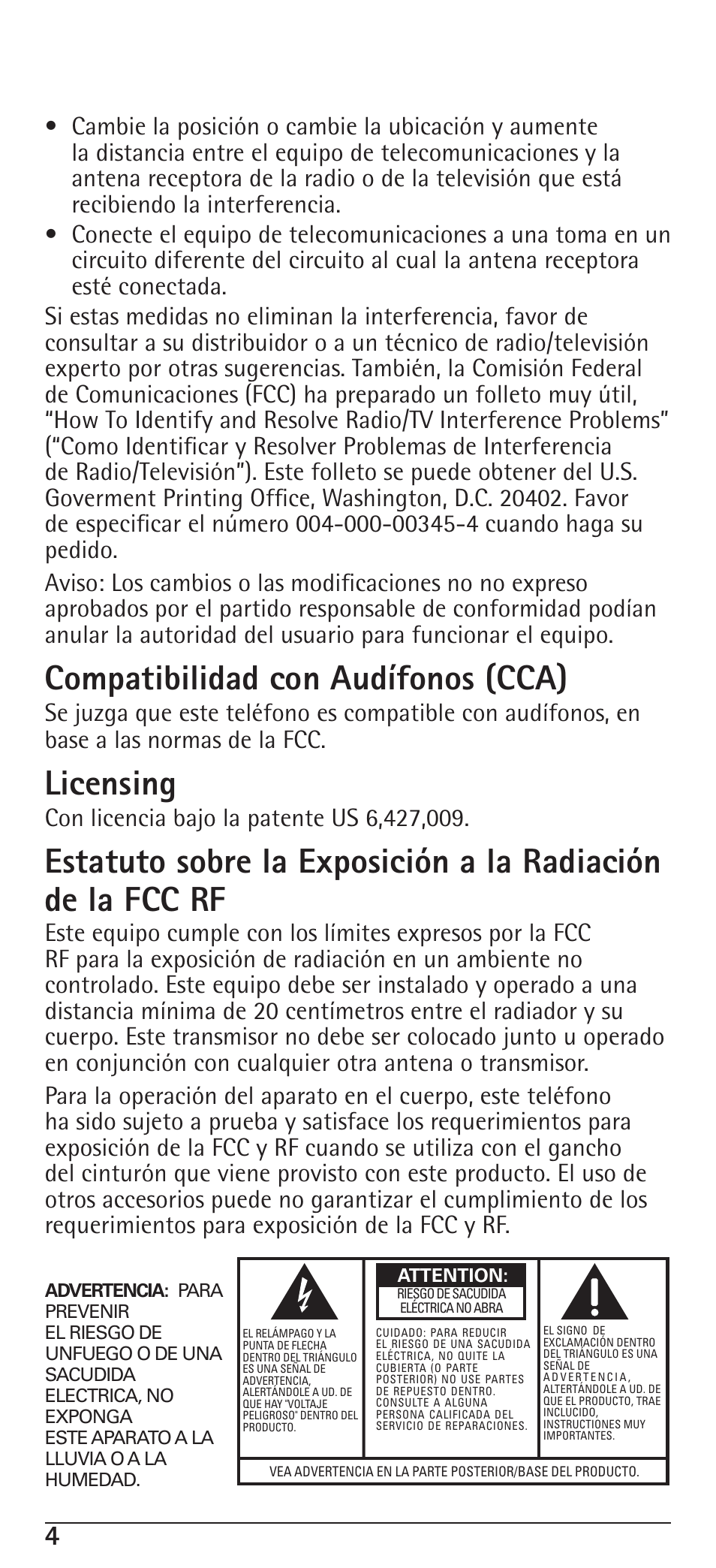 Compatibilidad con audífonos (cca), Licensing | RCA H5400 User Manual | Page 36 / 64