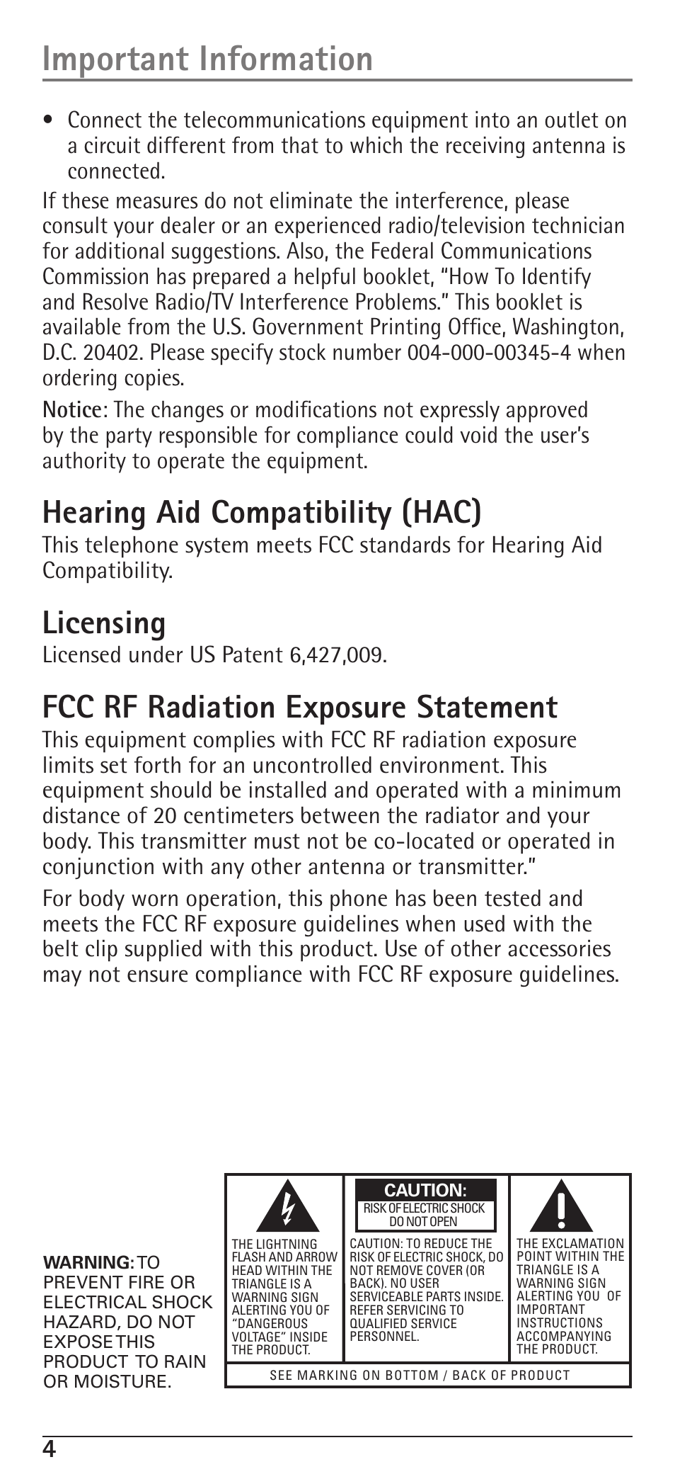 Important information, Hearing aid compatibility (hac), Licensing | Fcc rf radiation exposure statement | RCA H5400 User Manual | Page 4 / 64