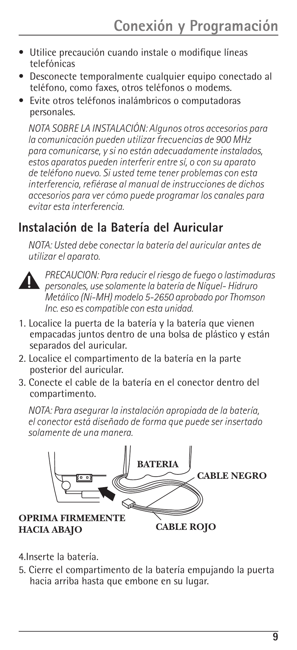 Conexión y programación, Instalación de la batería del auricular | RCA H5400 User Manual | Page 41 / 64