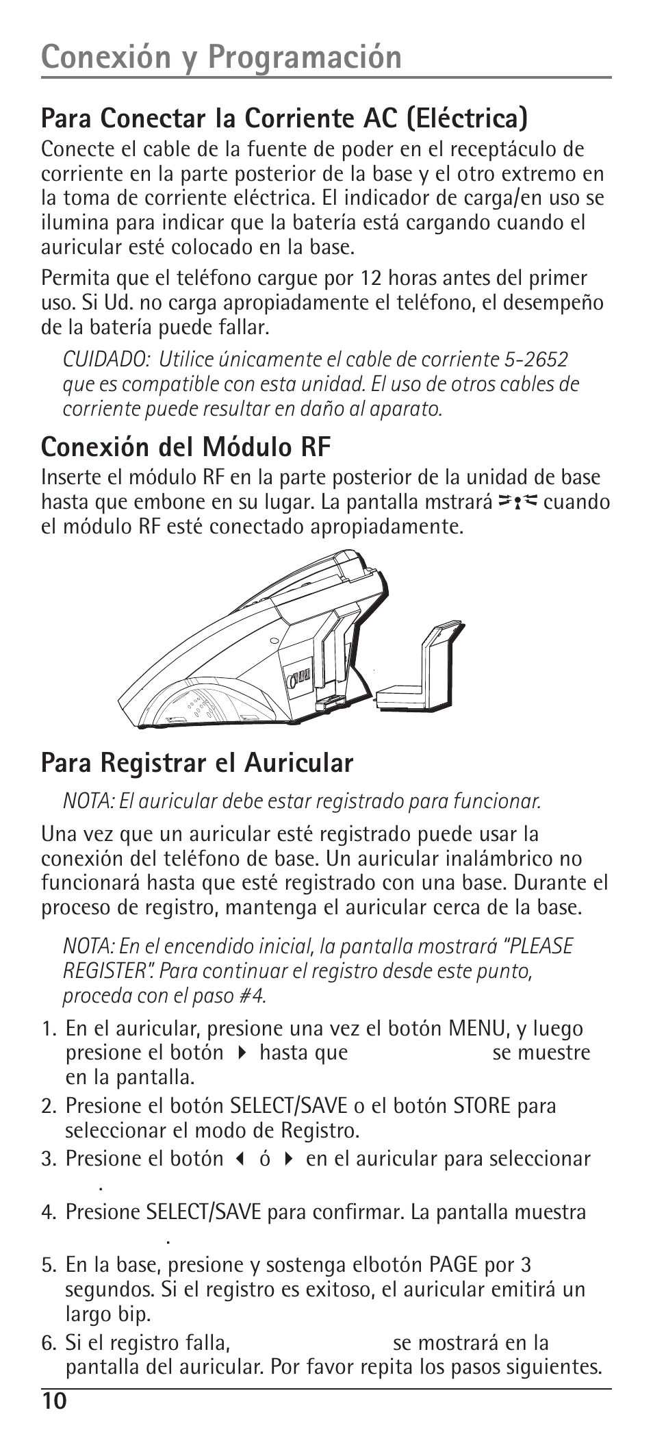 Conexión y programación, Para conectar la corriente ac (eléctrica), Conexión del módulo rf | Para registrar el auricular | RCA H5400 User Manual | Page 42 / 64