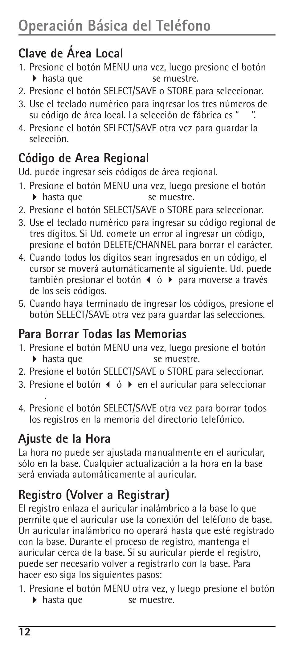 Operación básica del teléfono, Clave de área local, Código de area regional | Ajuste de la hora, Registro (volver a registrar) | RCA H5400 User Manual | Page 44 / 64