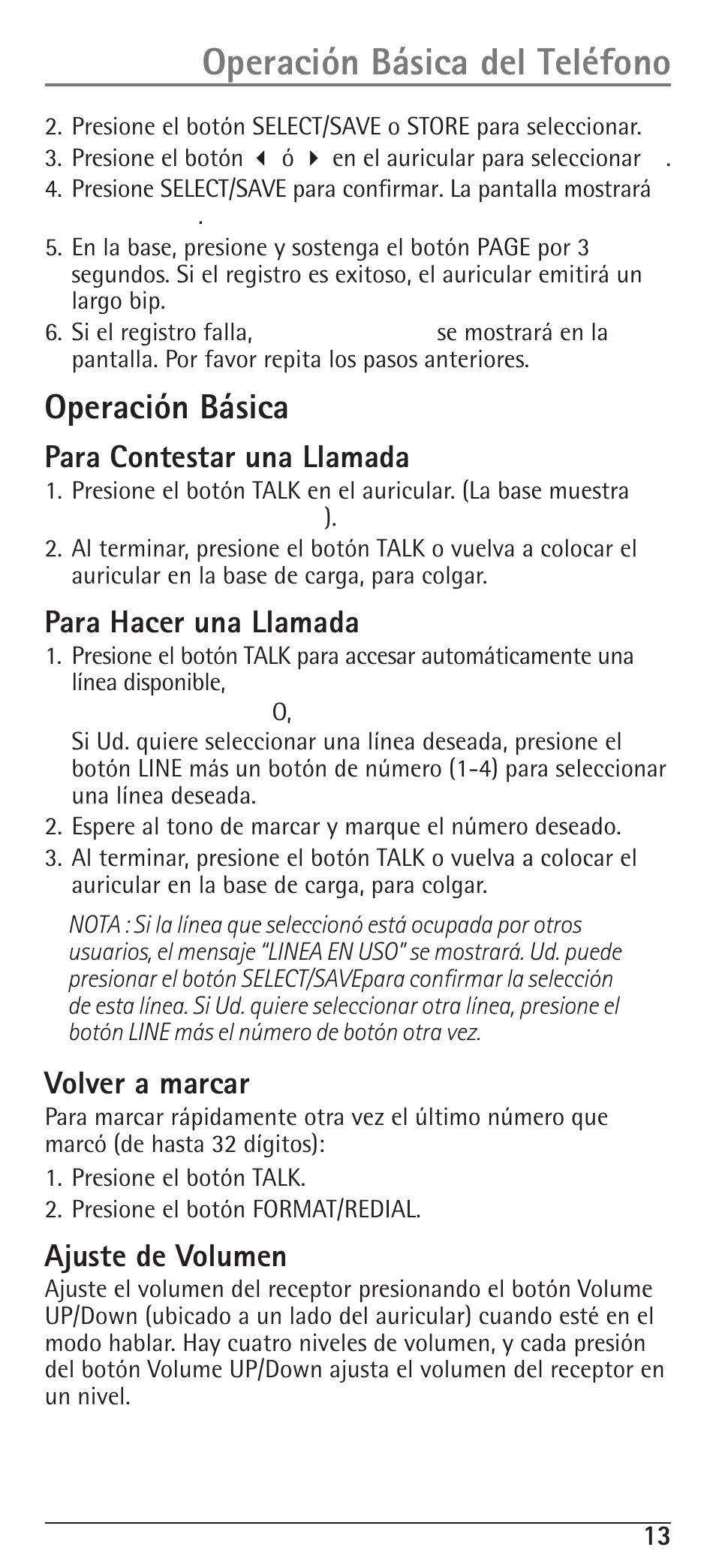 Operación básica del teléfono, Operación básica, Para contestar una llamada | Para hacer una llamada, Volver a marcar, Ajuste de volumen | RCA H5400 User Manual | Page 45 / 64