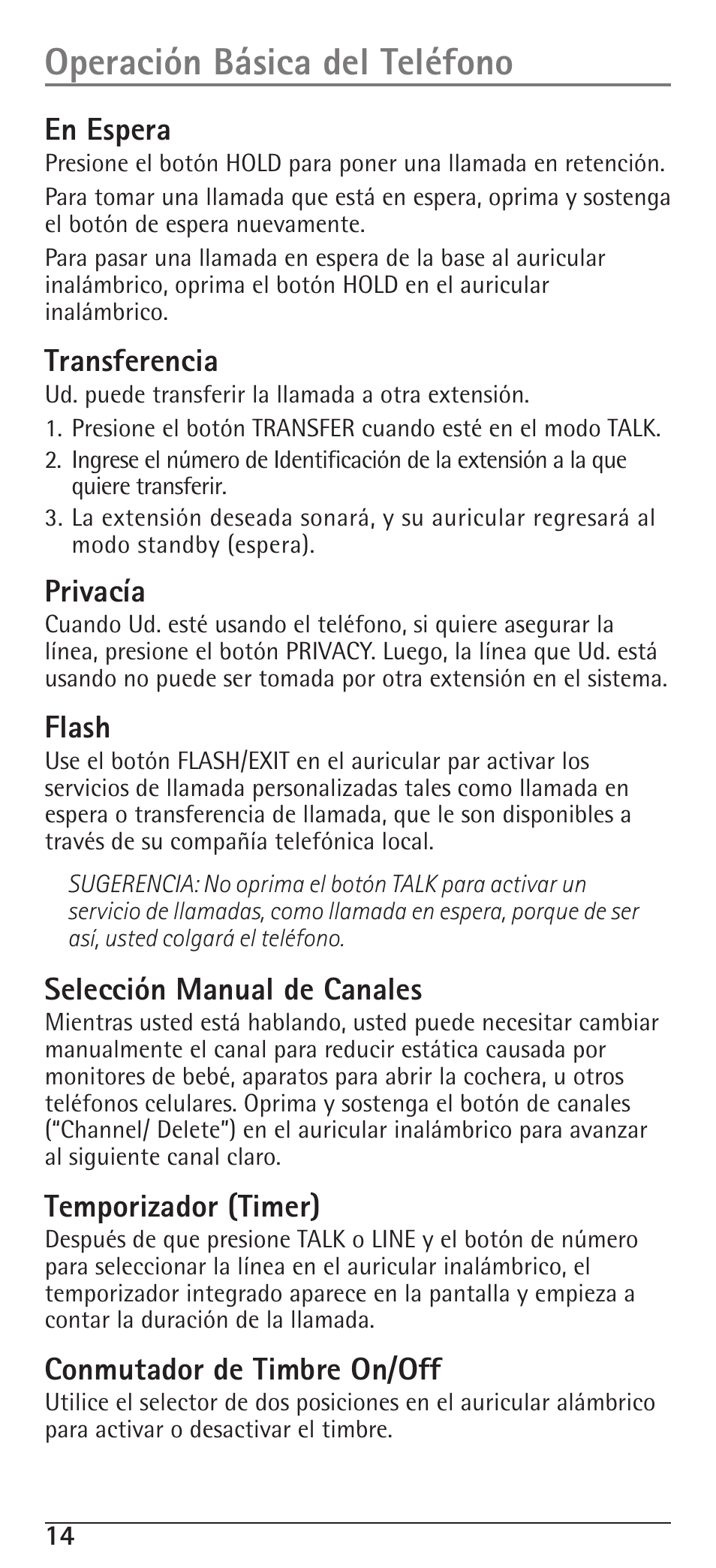 Operación básica del teléfono, En espera, Transferencia | Privacía, Flash, Selección manual de canales, Temporizador (timer), Conmutador de timbre on/off | RCA H5400 User Manual | Page 46 / 64
