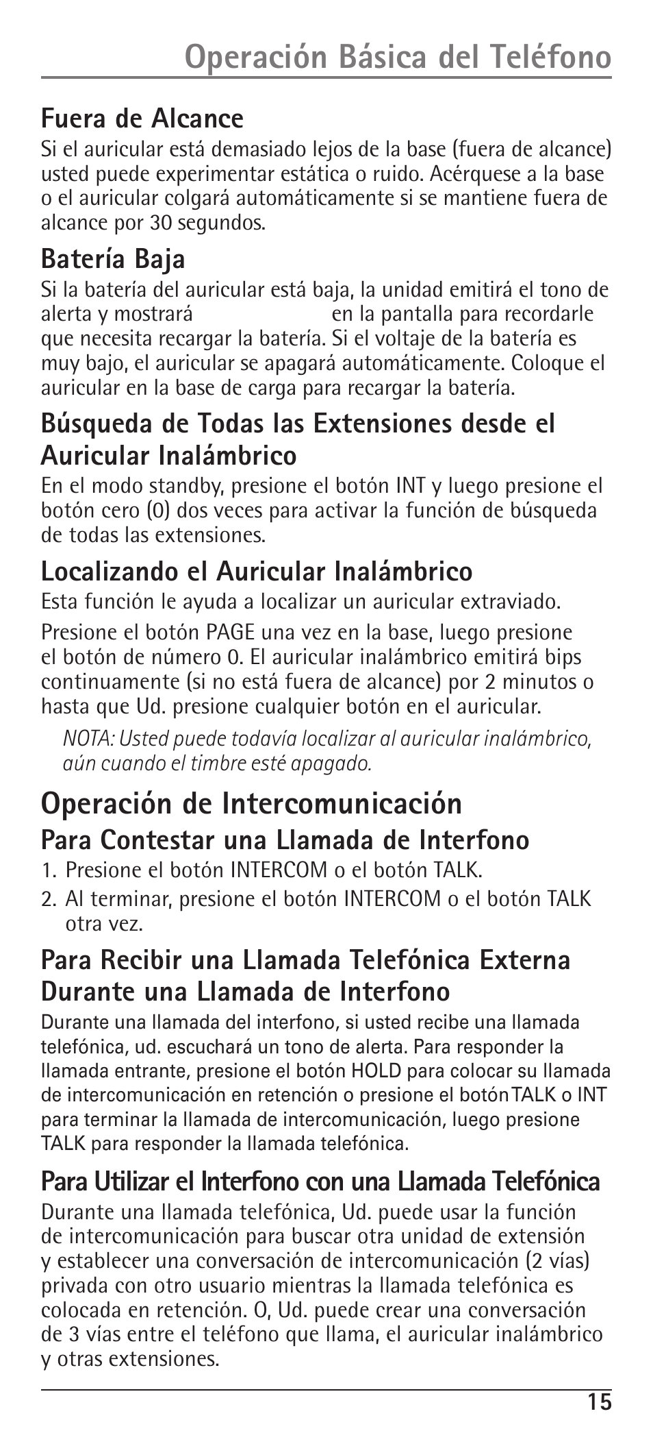 Operación básica del teléfono, Operación de intercomunicación, Fuera de alcance | Batería baja, Localizando el auricular inalámbrico, Para contestar una llamada de interfono | RCA H5400 User Manual | Page 47 / 64