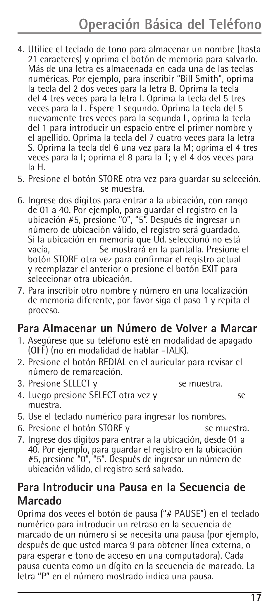 Operación básica del teléfono, Para almacenar un número de volver a marcar | RCA H5400 User Manual | Page 49 / 64