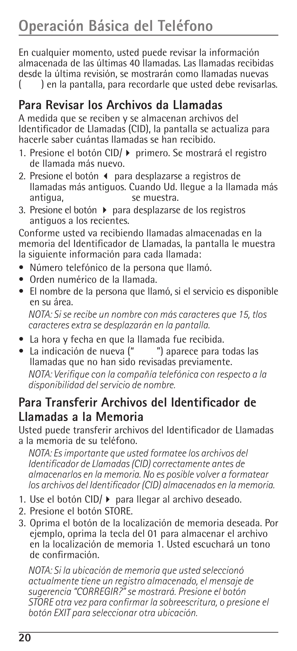 Operación básica del teléfono, Para revisar los archivos da llamadas | RCA H5400 User Manual | Page 52 / 64