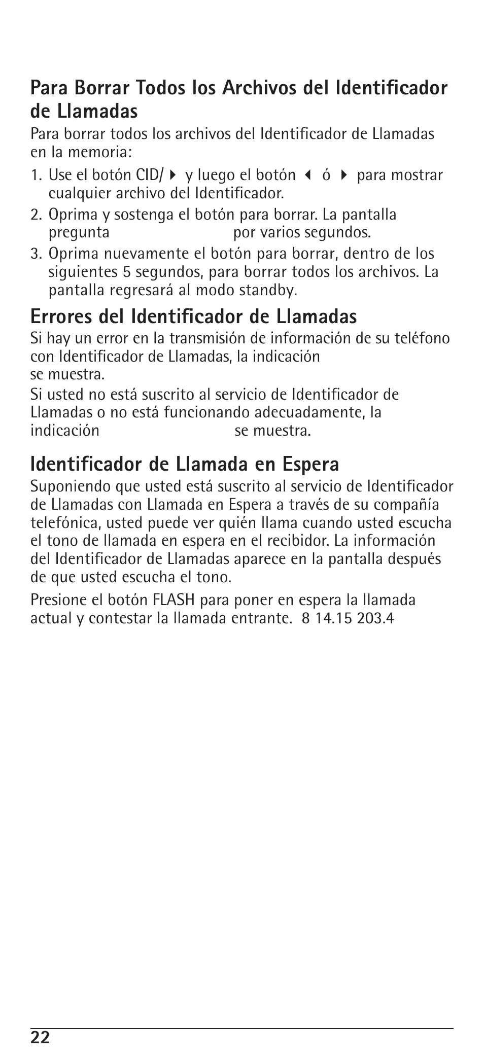 Errores del identificador de llamadas, Identificador de llamada en espera | RCA H5400 User Manual | Page 54 / 64