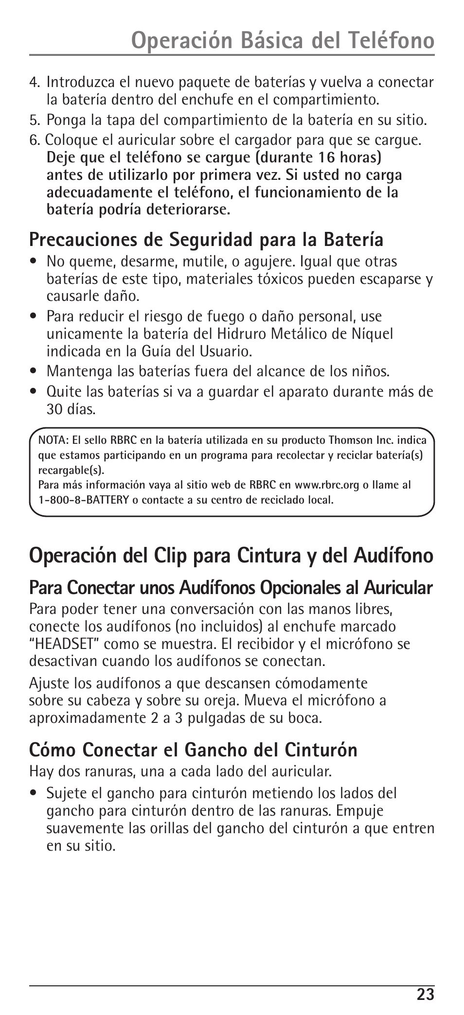 Operación básica del teléfono, Operación del clip para cintura y del audífono, Precauciones de seguridad para la batería | Cómo conectar el gancho del cinturón | RCA H5400 User Manual | Page 55 / 64