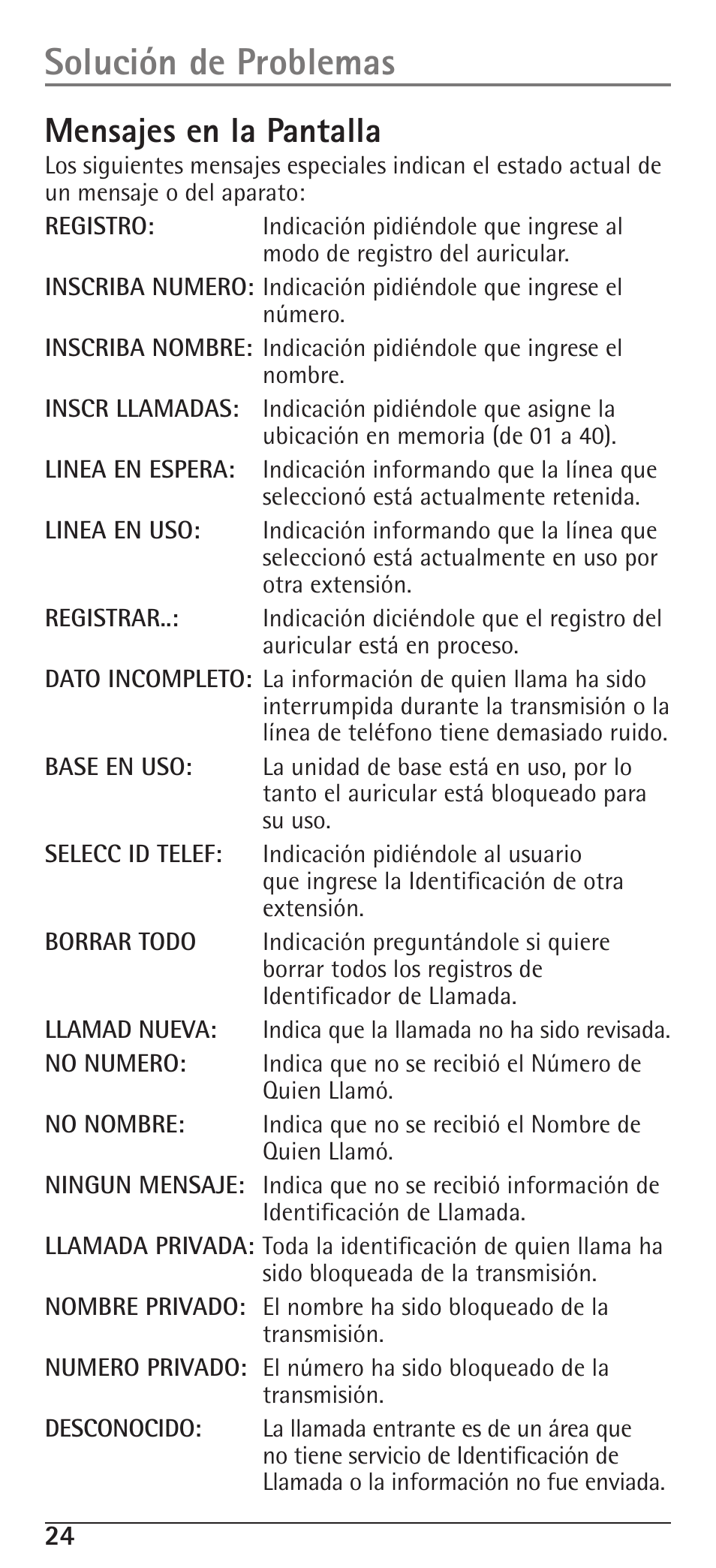 Solución de problemas, Mensajes en la pantalla | RCA H5400 User Manual | Page 56 / 64