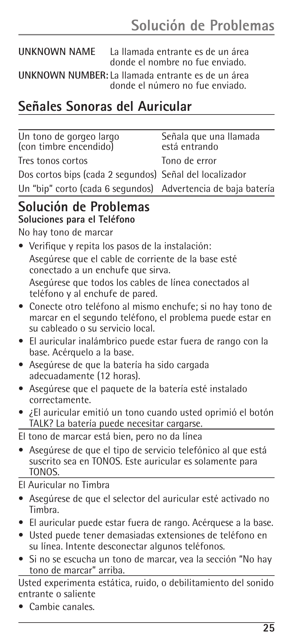 Señales sonoras del auricular, Solución de problemas | RCA H5400 User Manual | Page 57 / 64