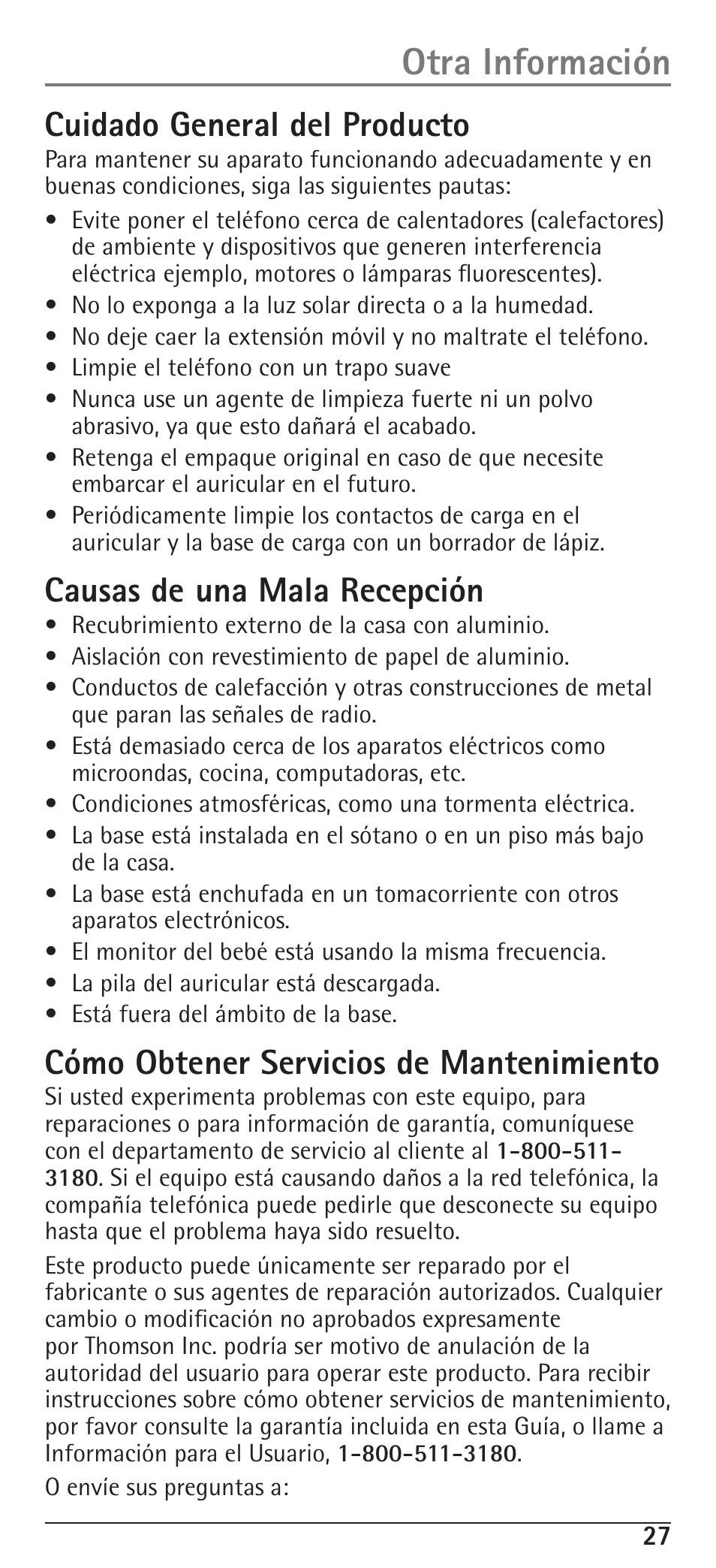 Otra información, Cuidado general del producto, Causas de una mala recepción | Cómo obtener servicios de mantenimiento | RCA H5400 User Manual | Page 59 / 64