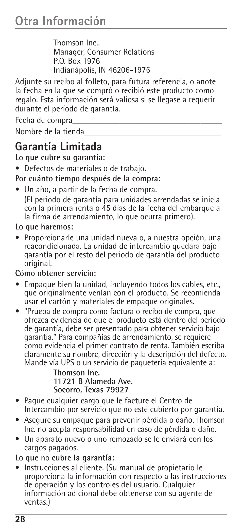 Otra información, Garantía limitada | RCA H5400 User Manual | Page 60 / 64