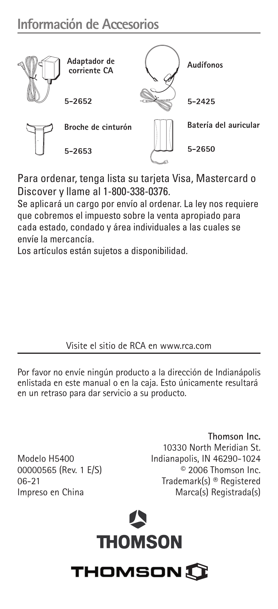 Información de accesorios | RCA H5400 User Manual | Page 64 / 64