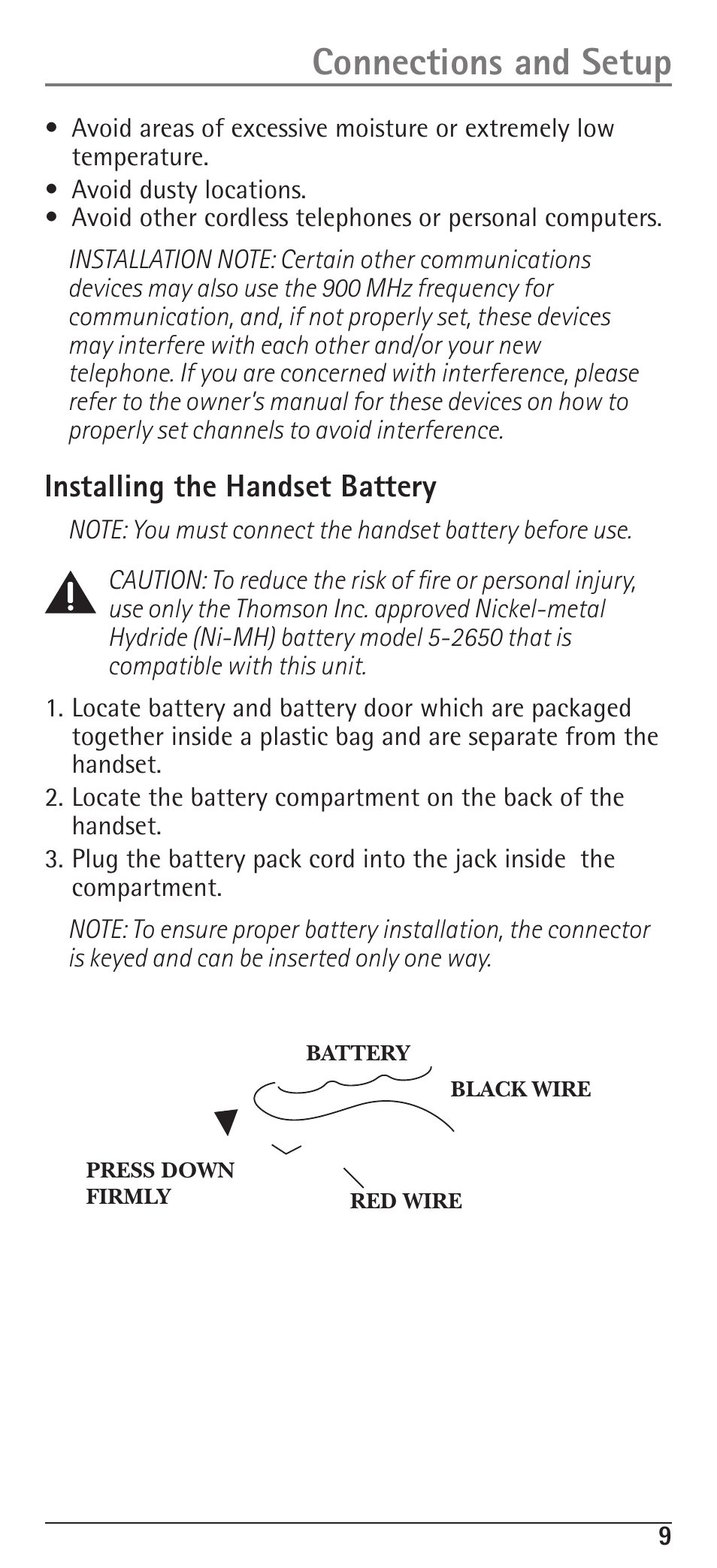 Connections and setup, Installing the handset battery | RCA H5400 User Manual | Page 9 / 64