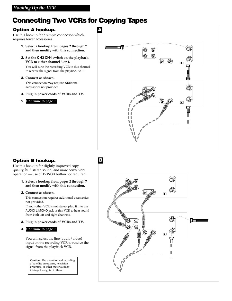 Connecting two vcrs for copying tapes, 8hooking up the vcr, Option a hookup | Option b hookup, Playback vcr, Recording vcr, Or use the previously selected hookup to the tv, Playback vcr recording vcr, Connect as shown, Plug in power cords of vcrs and tv. 5 | RCA VR688HF User Manual | Page 10 / 64