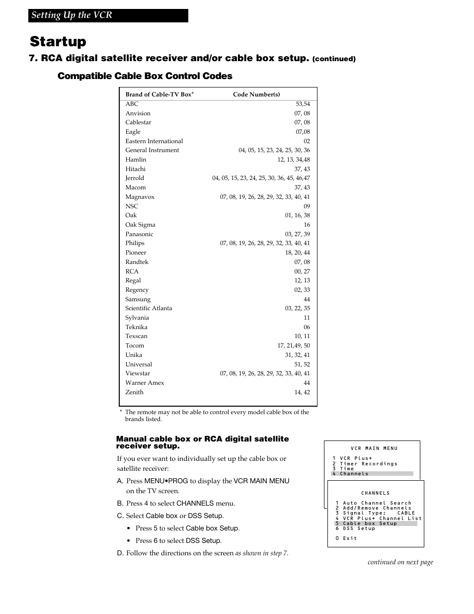 Startup, 13 setting up the vcr, Compatible cable box control codes | RCA VR688HF User Manual | Page 15 / 64