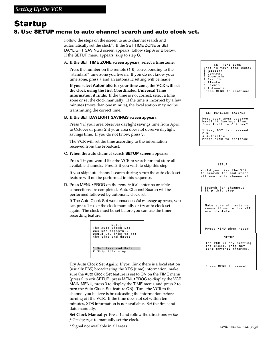 Startup, Setting up the vcr | RCA VR688HF User Manual | Page 16 / 64