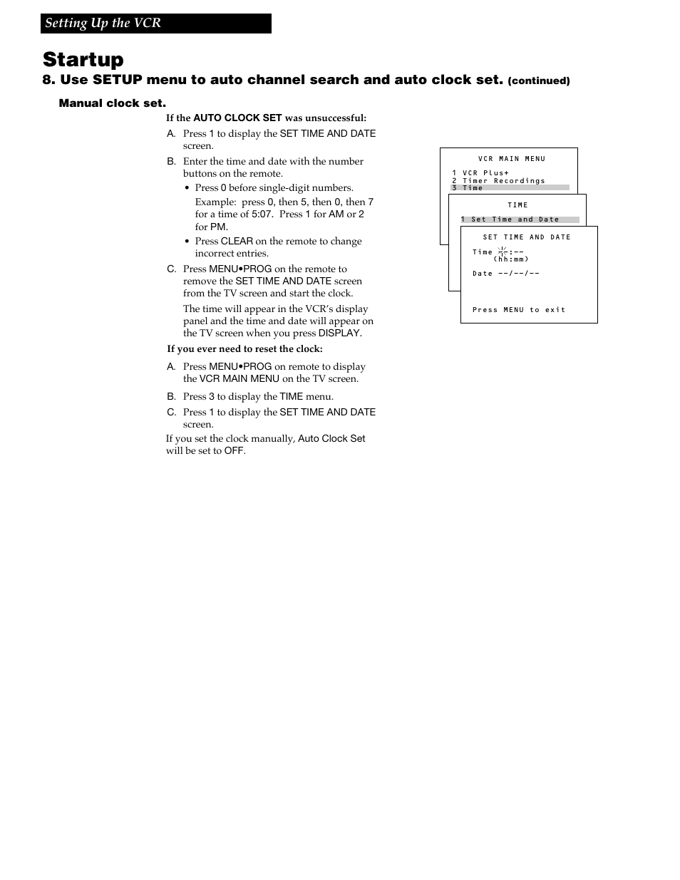 Startup, Setting up the vcr | RCA VR688HF User Manual | Page 17 / 64