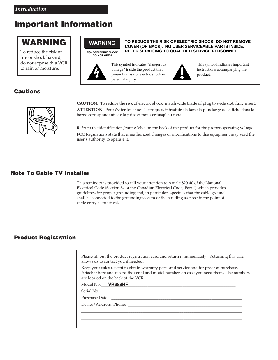 Important information, Warnings, Cautions | Note to cable tv installer, Product registration, Warning | RCA VR688HF User Manual | Page 2 / 64