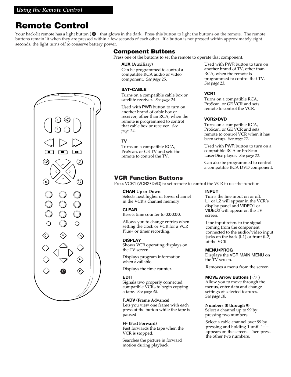 Using the remote control, Remote control, 20 using the remote control | Component buttons, Vcr function buttons | RCA VR688HF User Manual | Page 22 / 64