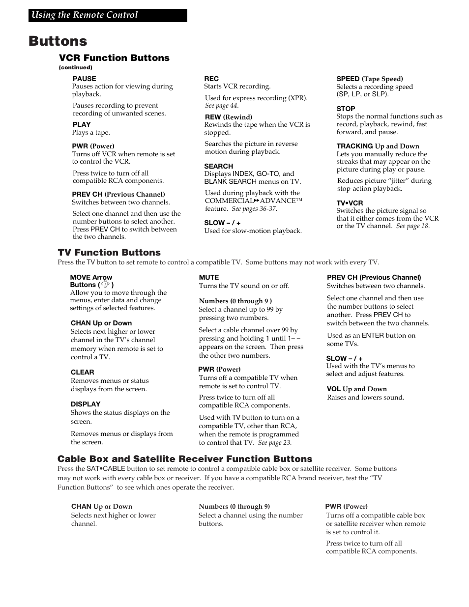 Buttons, 21 using the remote control, Vcr function buttons | Tv function buttons, Cable box and satellite receiver function buttons | RCA VR688HF User Manual | Page 23 / 64