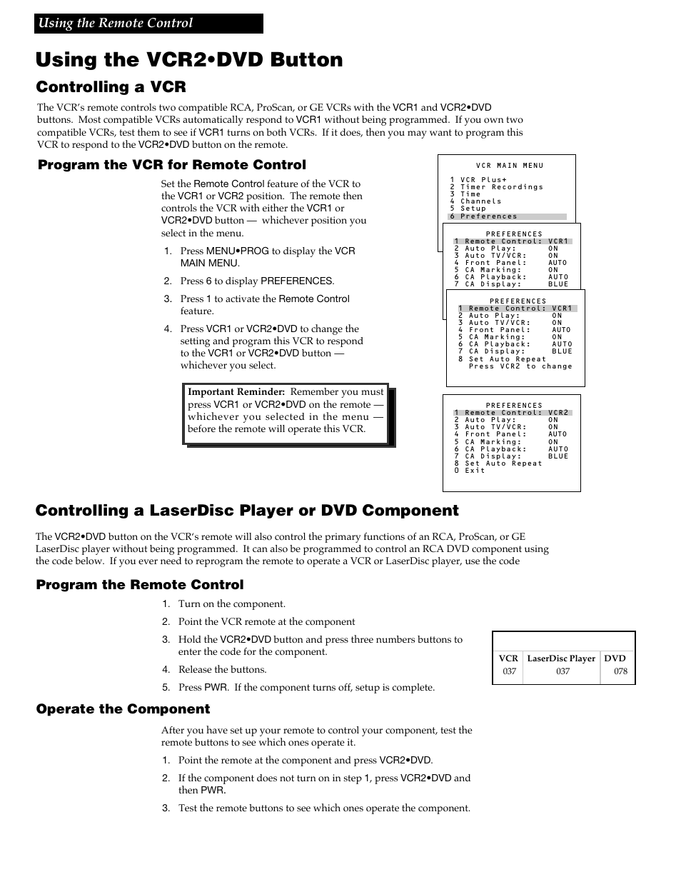 Using the vcr2 dvd button, Using the vcr2•dvd button, 22 using the remote control | Program the vcr for remote control, Program the remote control, Operate the component | RCA VR688HF User Manual | Page 24 / 64