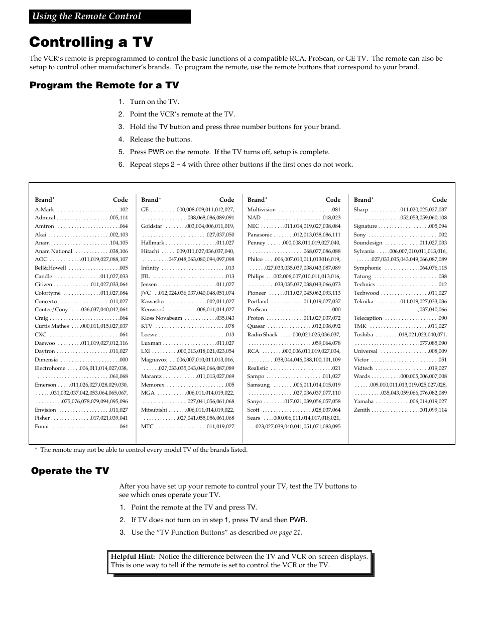 Controlling a tv, 23 using the remote control, Program the remote for a tv operate the tv | Tv codes | RCA VR688HF User Manual | Page 25 / 64