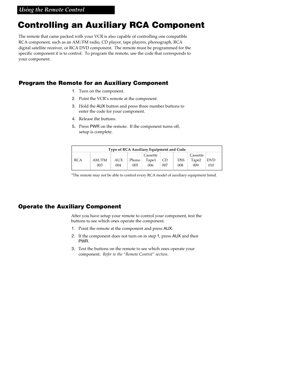 Controlling an auxiliary rca component, 25 using the remote control, Program the remote for an auxiliary component | Operate the auxiliary component | RCA VR688HF User Manual | Page 27 / 64